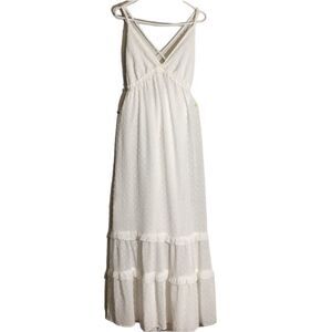 Women’s Deep V-Neck Maxi Dress-Needlework White. L